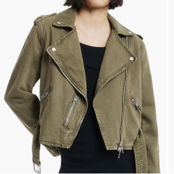 NWT All Saints Balfern Denim Biker Jacket in Deep Olive Green Size 4